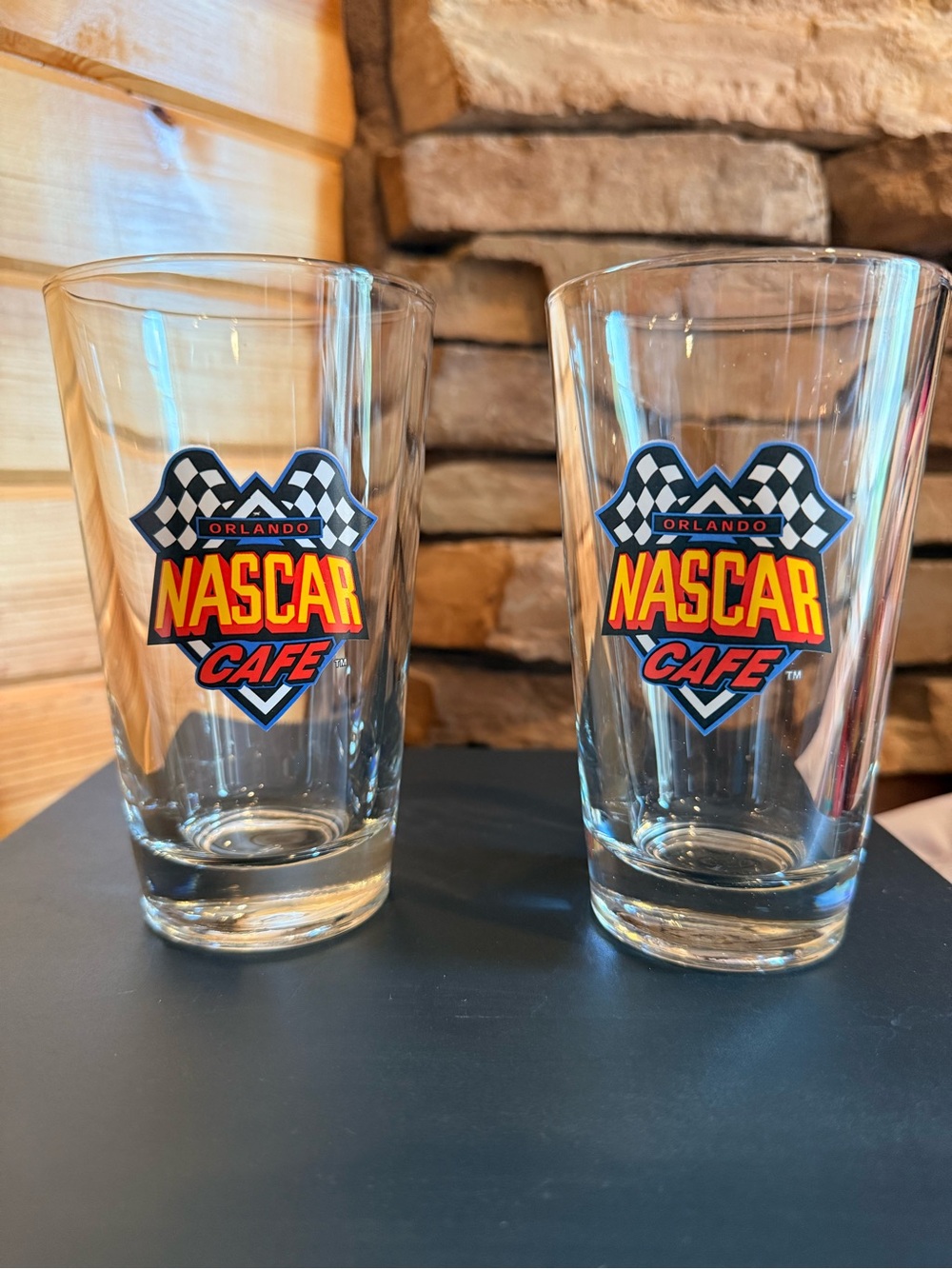Nascar Cafe Orlando Pint Glasses with Red Yellow Blue Logo
